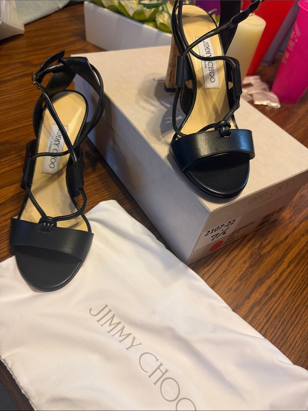 Jimmy Choo Black Strappy Leather Block Heel Sandals
